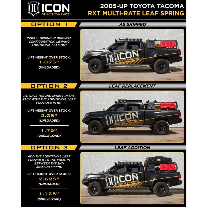 ICON Vehicle Dynamics 05-UP Tacoma Multi Rate RXT Leaf Pack w/ Add In Leaf - RA Motorsports Canada